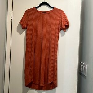 Casual Rust Orange Ribbed Sweater Shirt Dress